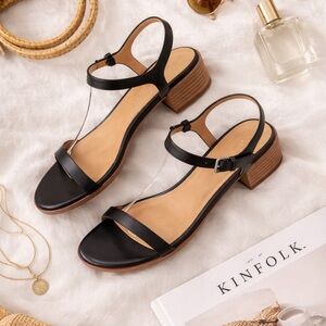 Madewell Black Leather Ankle Strap Sandals Block Heel Size 9.5 Minimalist